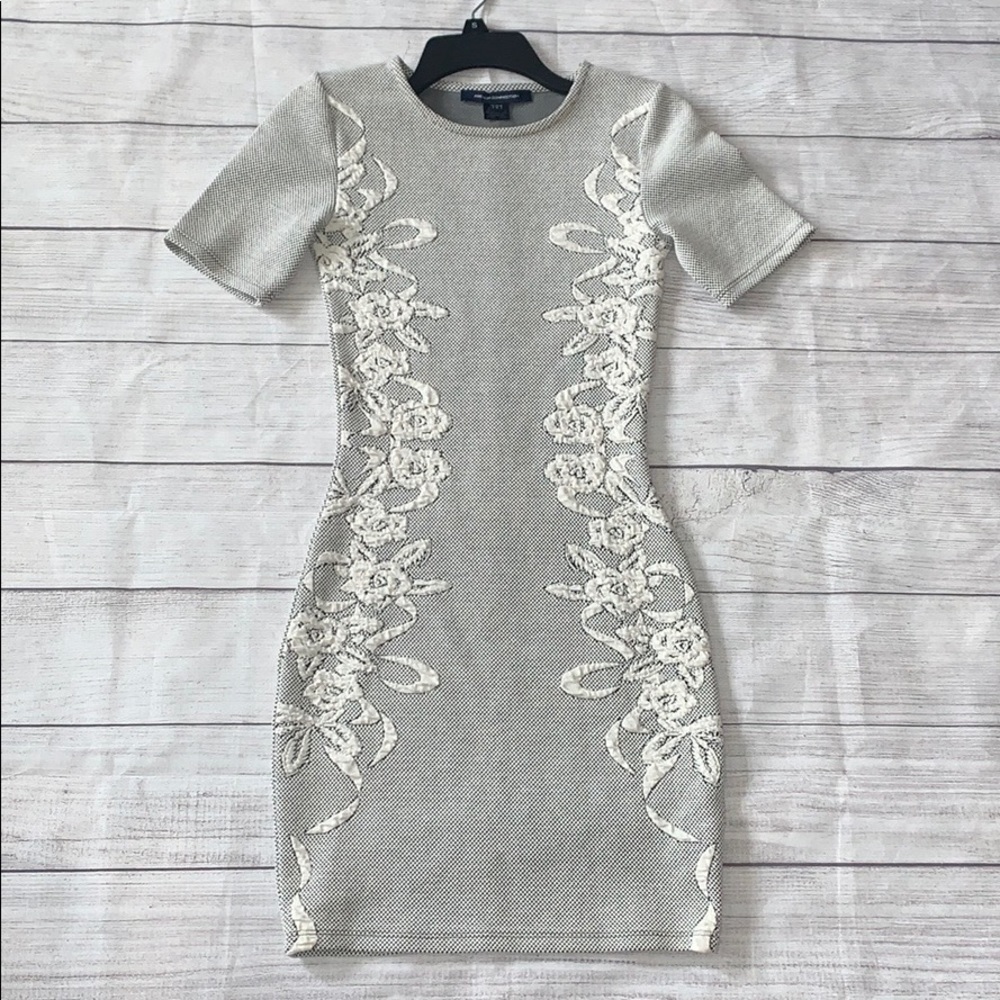 French Connection Light Gray Mini Dress with White Lace Appliqué